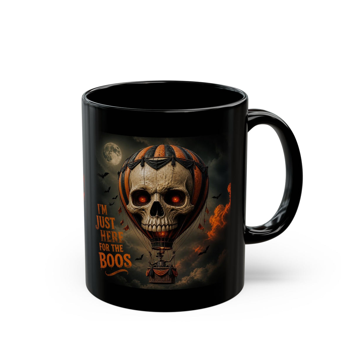 Halloween Skull Hot Air Balloon Mug — "I'm Just Here for the Boos" Black Coffee Cup
