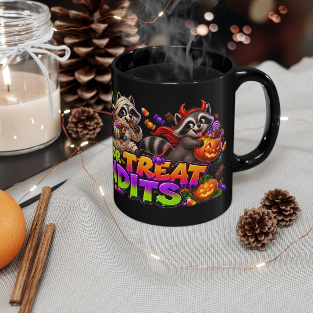Trick or Treat Bandits Raccoons Halloween Black Mug