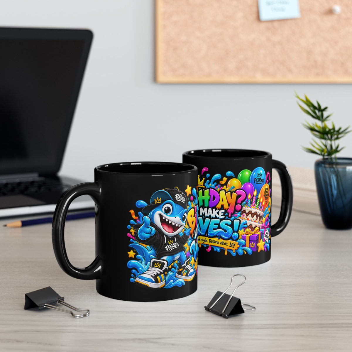 BIRTHDAY? LET’S MAKE WAVES! Black Ceramic Mug – Funny Shark Birthday Coffee Cup – Original FestoraShop Design