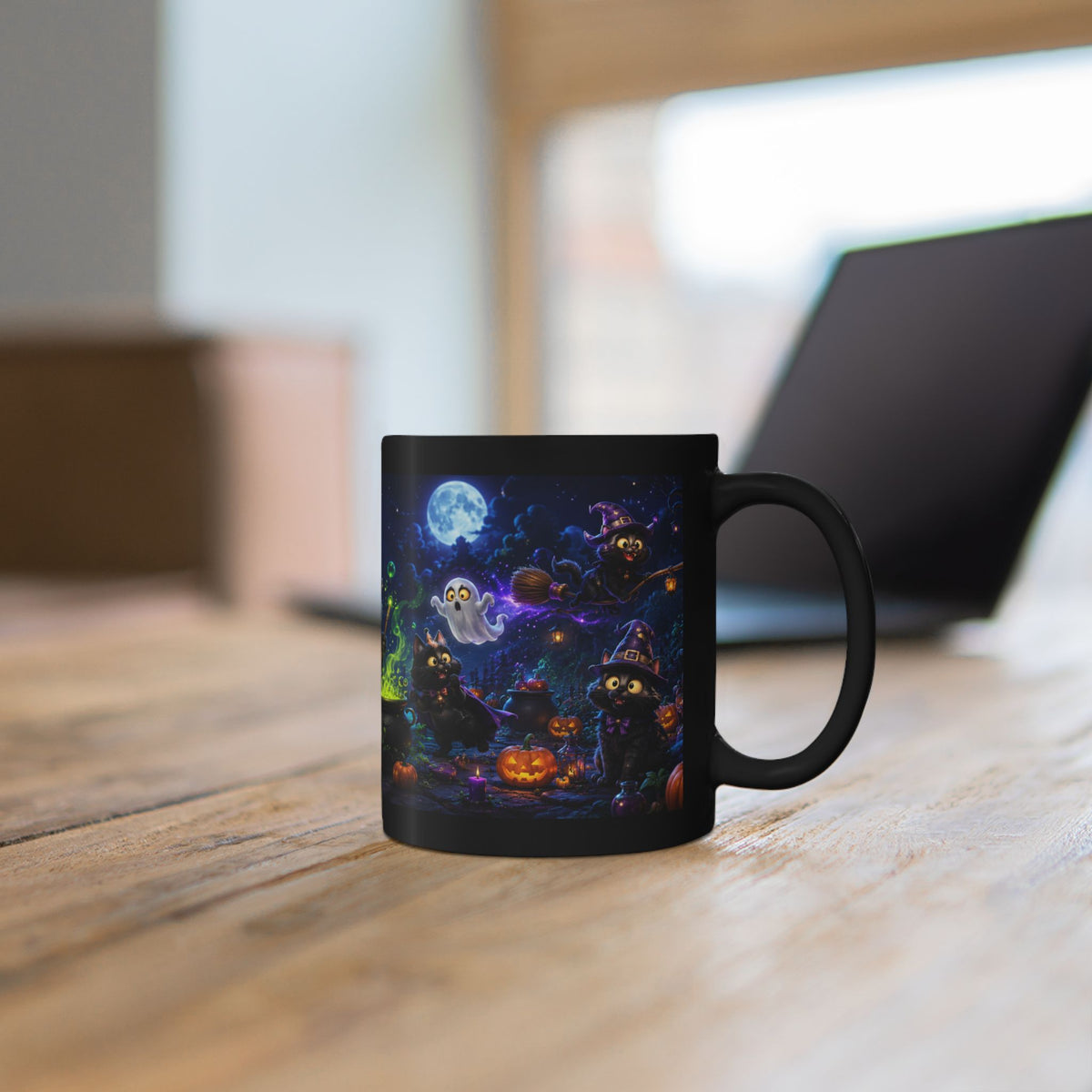 Halloween Black Cat Witch Mug – Spooky Night Cauldron Coffee Cup (11oz/15oz)