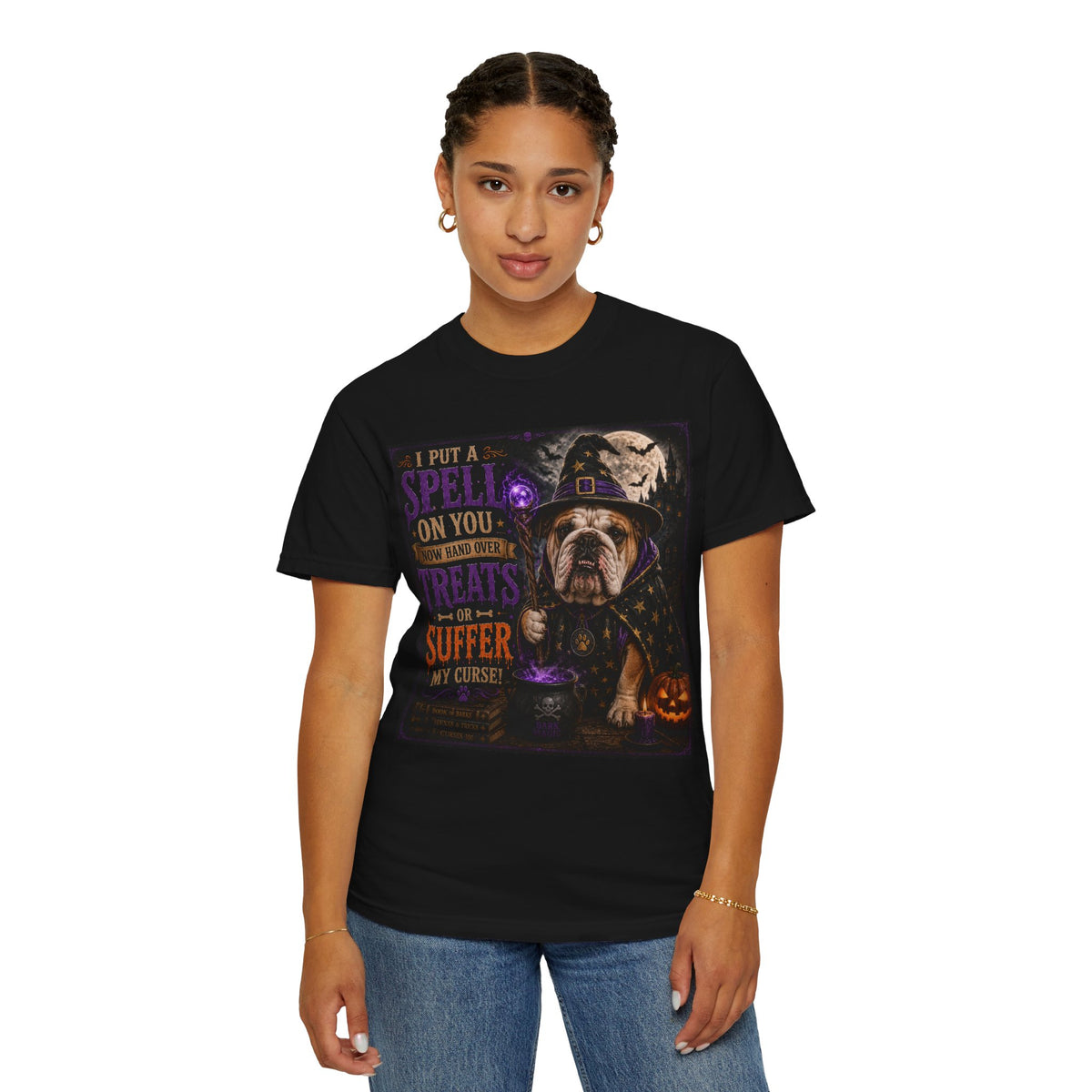 Halloween Bulldog Witch T-Shirt – "I Put a Spell on You" Spooky Dog Tee