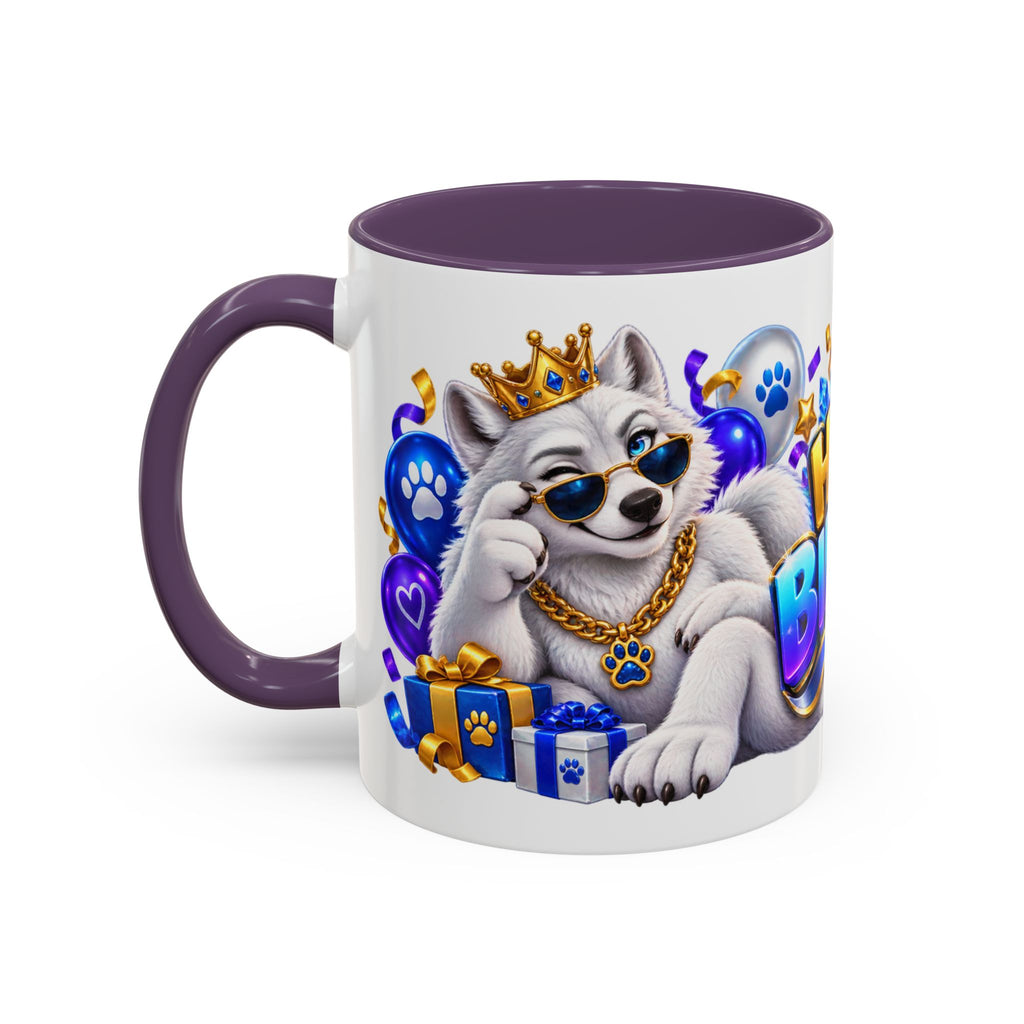 White Wolf Happy Birthday Mug – Blue Purple & Gold Birthday Gift – FestoraShop White Coffee Mug