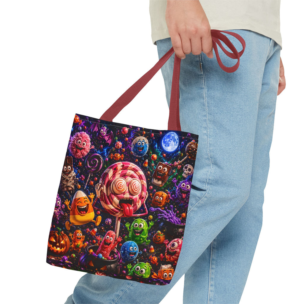 Crazy Halloween Candy Monsters Tote Bag — Colorful 3D Lolipop & Treats Design