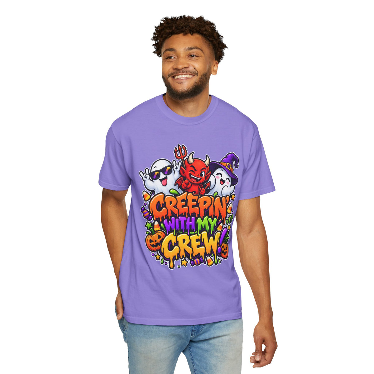 Creepin’ With My Crew Halloween T-Shirt – Colorful Funny Ghost & Devil Graphic Tee