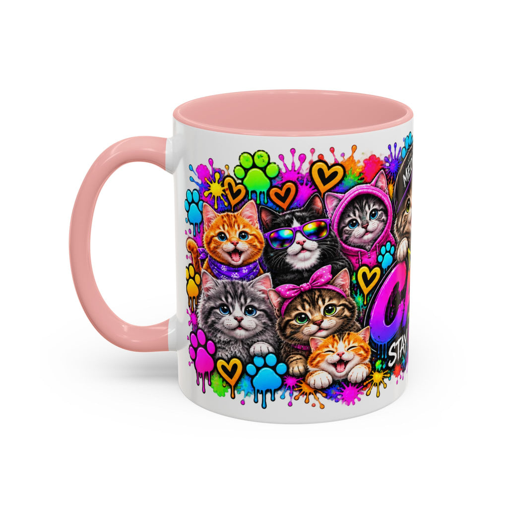 Cats Stay Pawsitive Accent Coffee Mug – Colorful Cute Cat Paw Print Design (11oz)