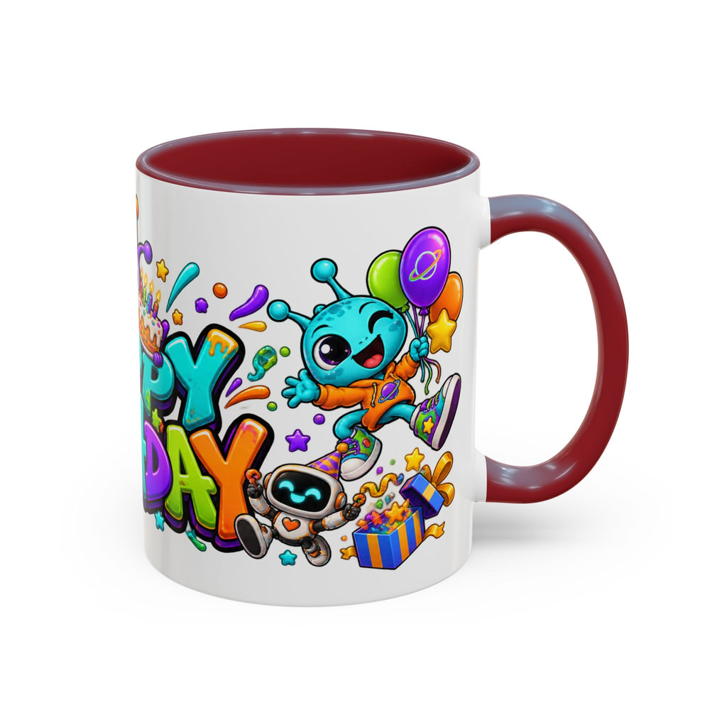 Happy Birthday Alien Mug – Colorful Space Party Cup with Cute Aliens & Robots