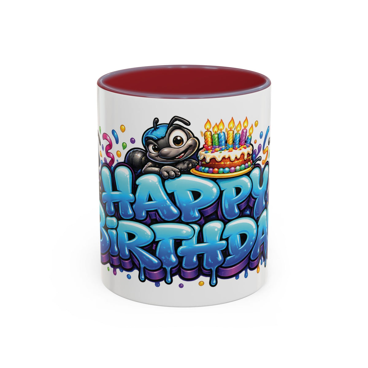 Happy Birthday Cartoon Mug – Graffiti Ants, Birthday Cake, Balloons & Confetti Coffee Cup