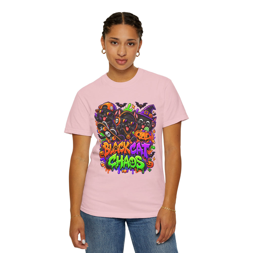 Neon Black Cat Halloween Chaos T-Shirt | Cute Spooky Cat Graphic Tee