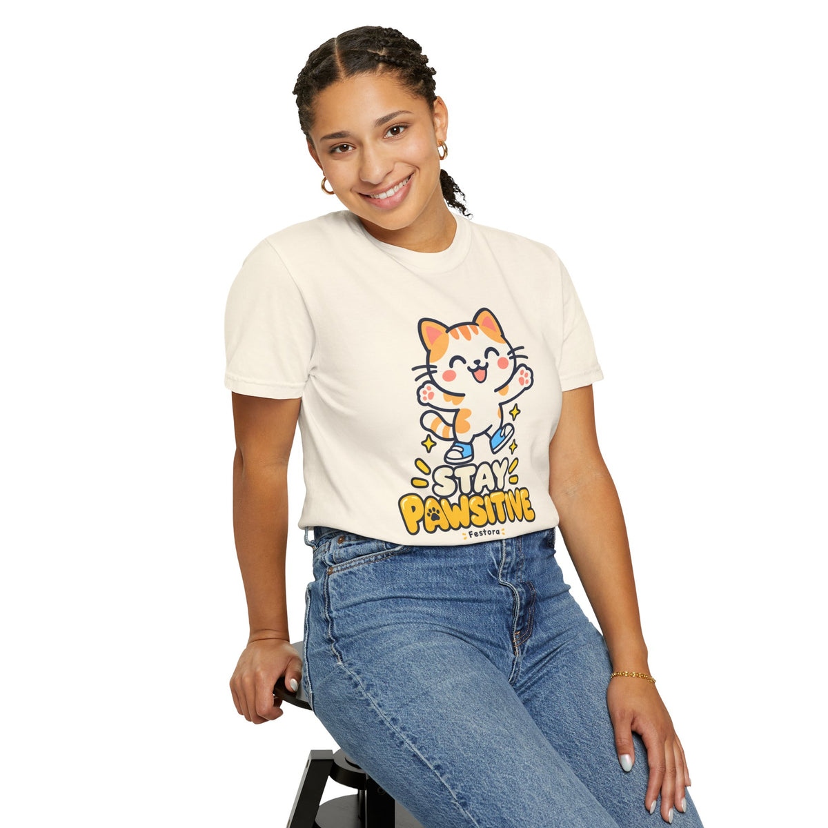 Stay Pawsitive – Cute Happy Cat Graphic T-Shirt