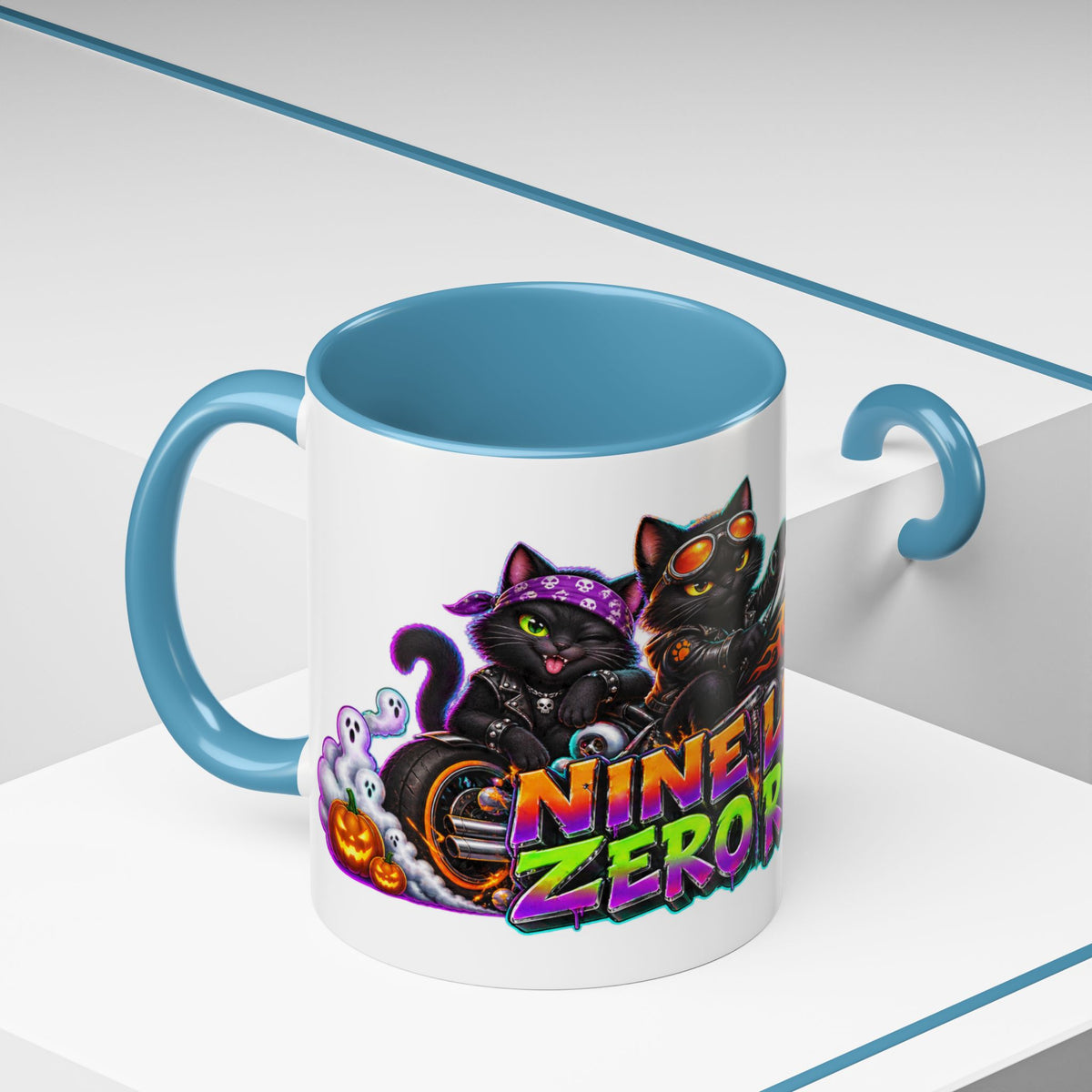 Nine Lives Zero Rules Biker Cats Halloween White Mug