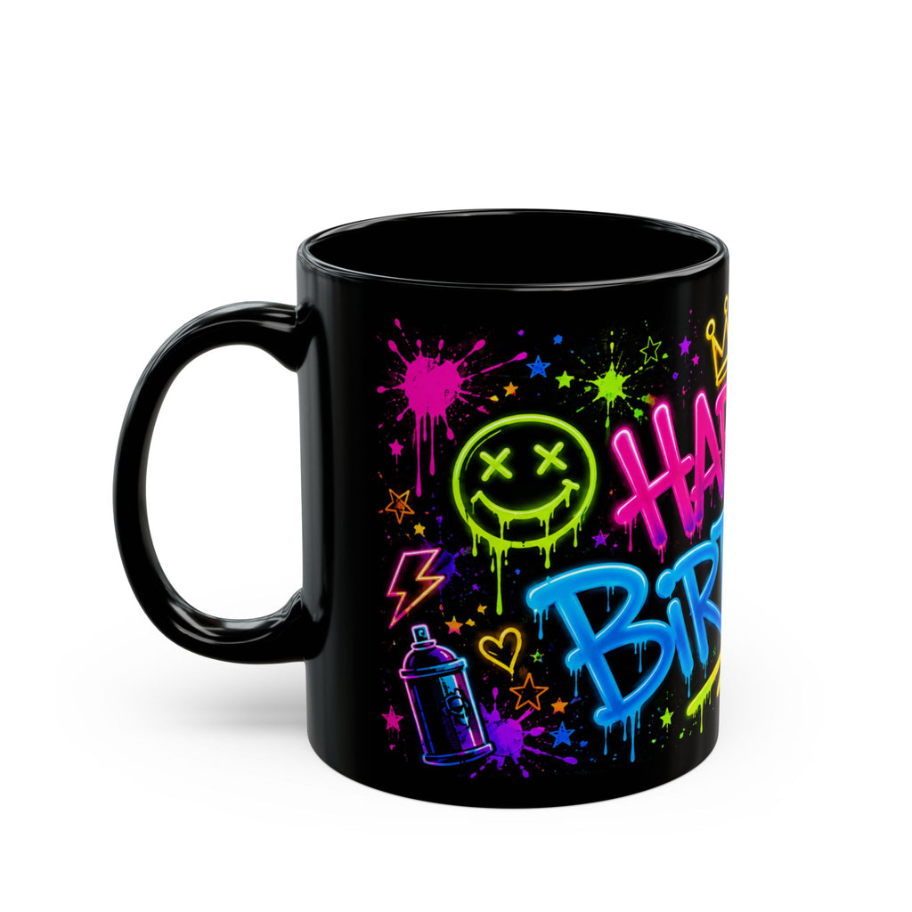 Happy Birthday Neon Graffiti Mug — Colorful Black Birthday Coffee Cup