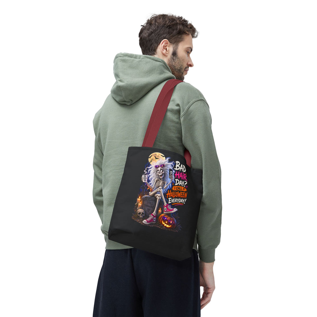 Halloween Skeleton Tote Bag — "Bad Hair Day? I Call It Halloween Everyday" Graphic