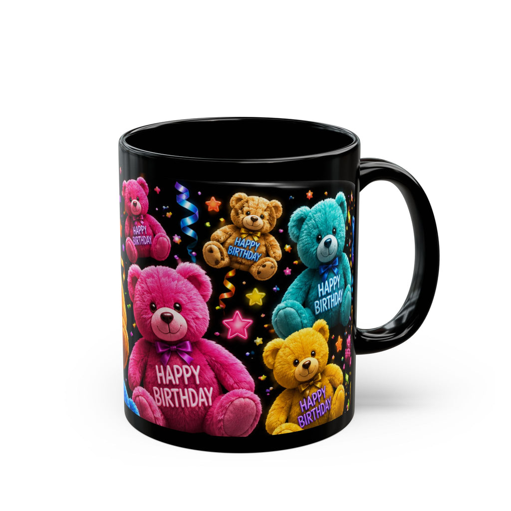 Happy Birthday Teddy Bear Mug — Colorful Black Birthday Coffee Cup (11oz/15oz)