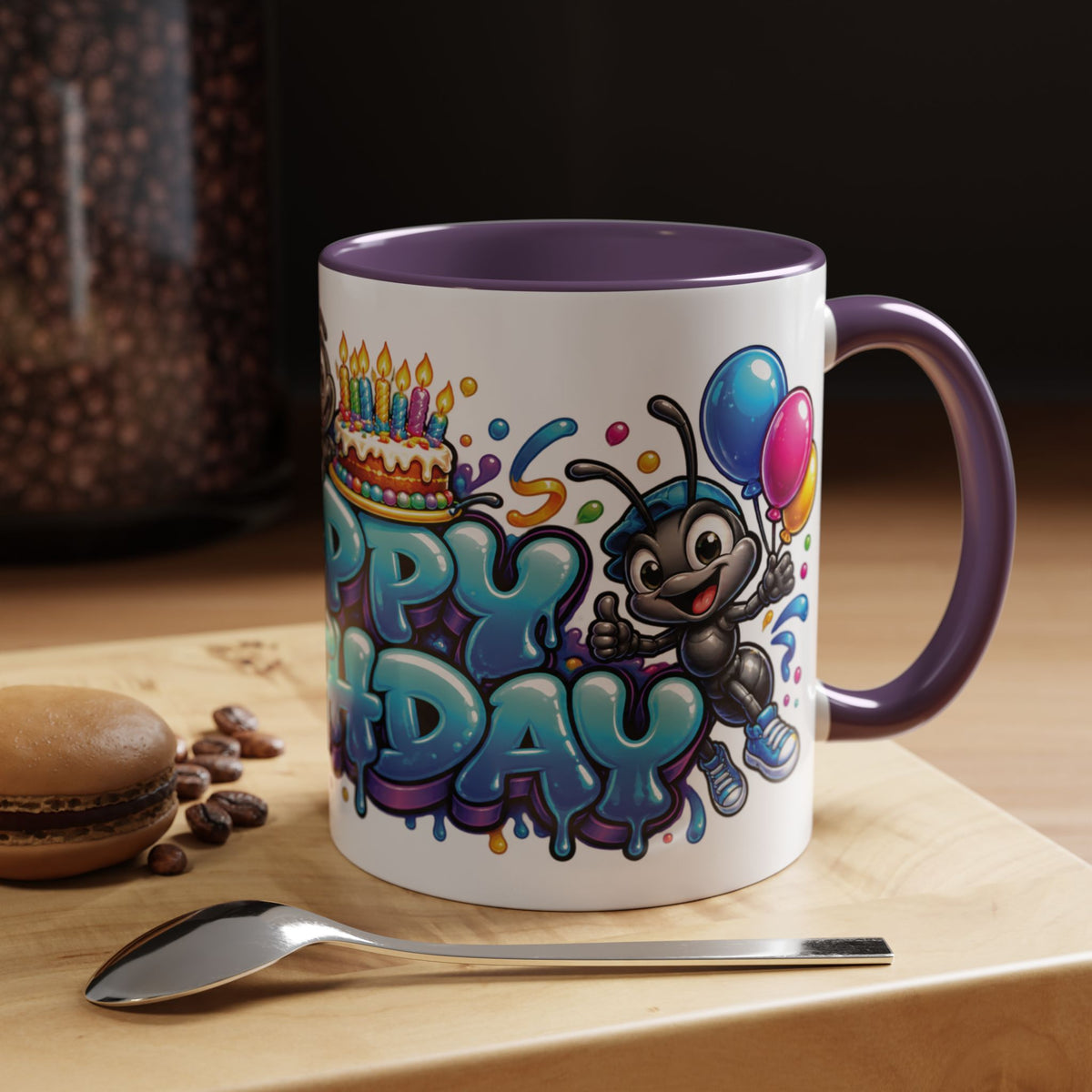 Happy Birthday Cartoon Mug – Graffiti Ants, Birthday Cake, Balloons & Confetti Coffee Cup