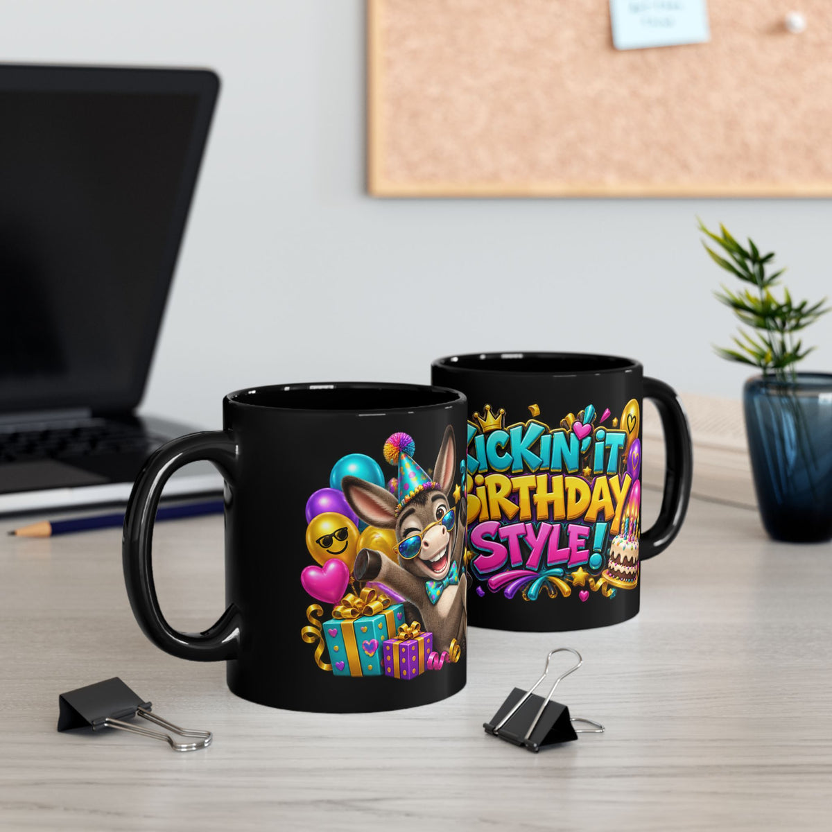 Kickin’ It Birthday Style Donkey Black Mug – Funny Happy Birthday Party Cup, Colorful Festive Gift