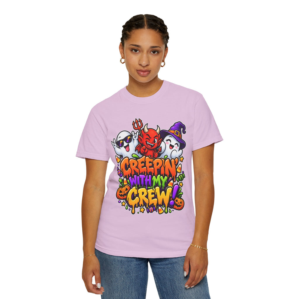 Creepin’ With My Crew Halloween T-Shirt – Colorful Funny Ghost & Devil Graphic Tee