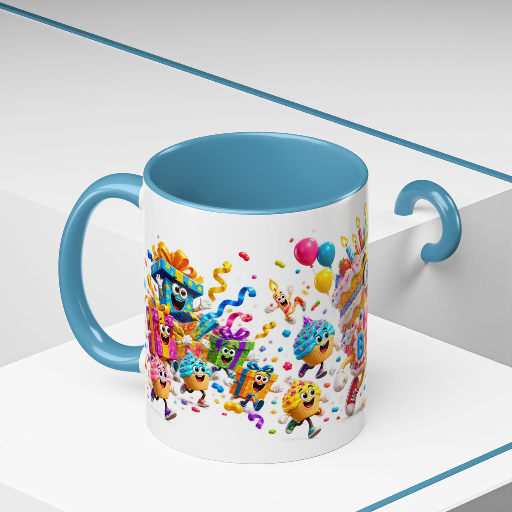 Birthday Party Coffee Mug – Colorful Happy Birthday Cake & Balloon Design (11/15oz Accent Mug)