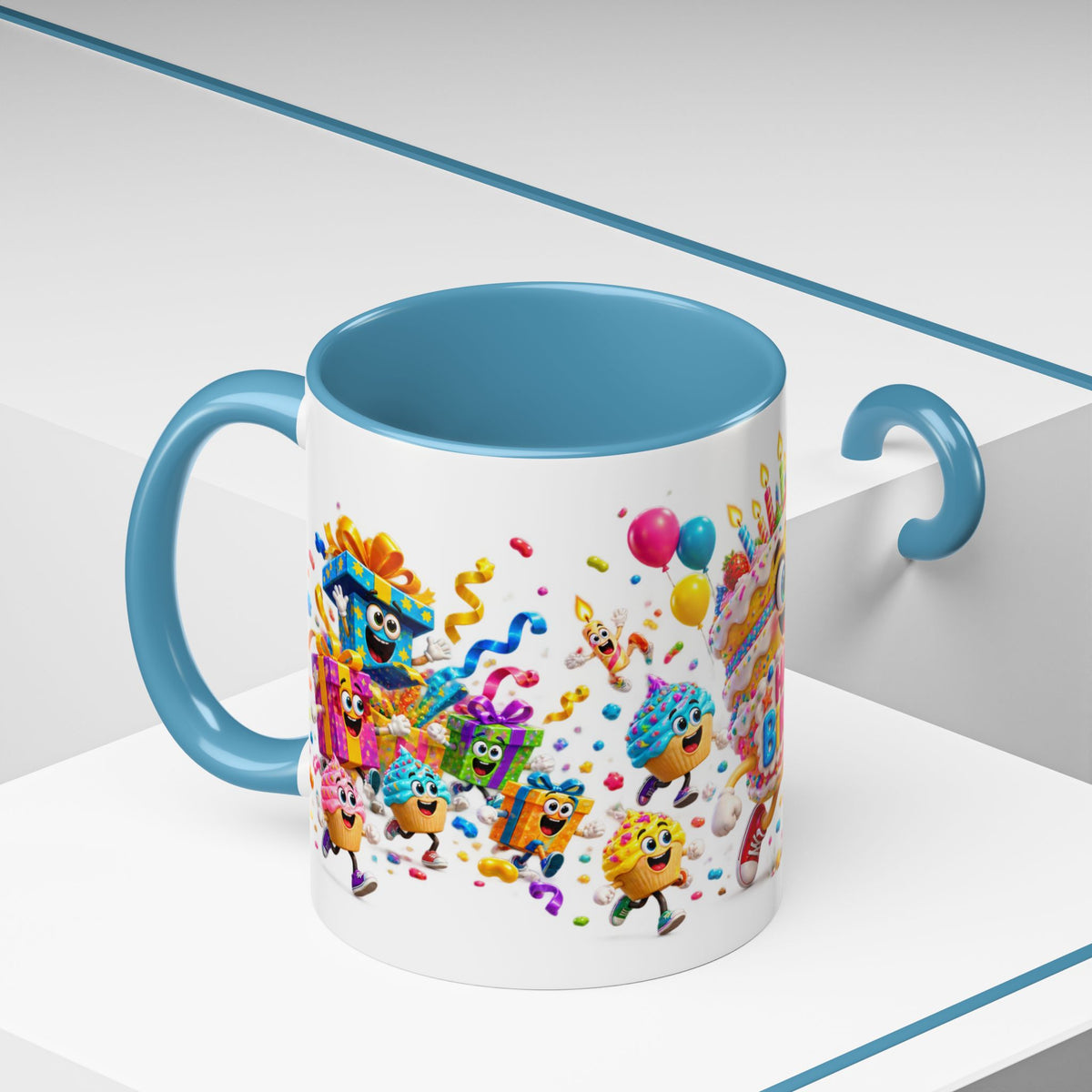 Birthday Party Coffee Mug – Colorful Happy Birthday Cake & Balloon Design (11/15oz Accent Mug)