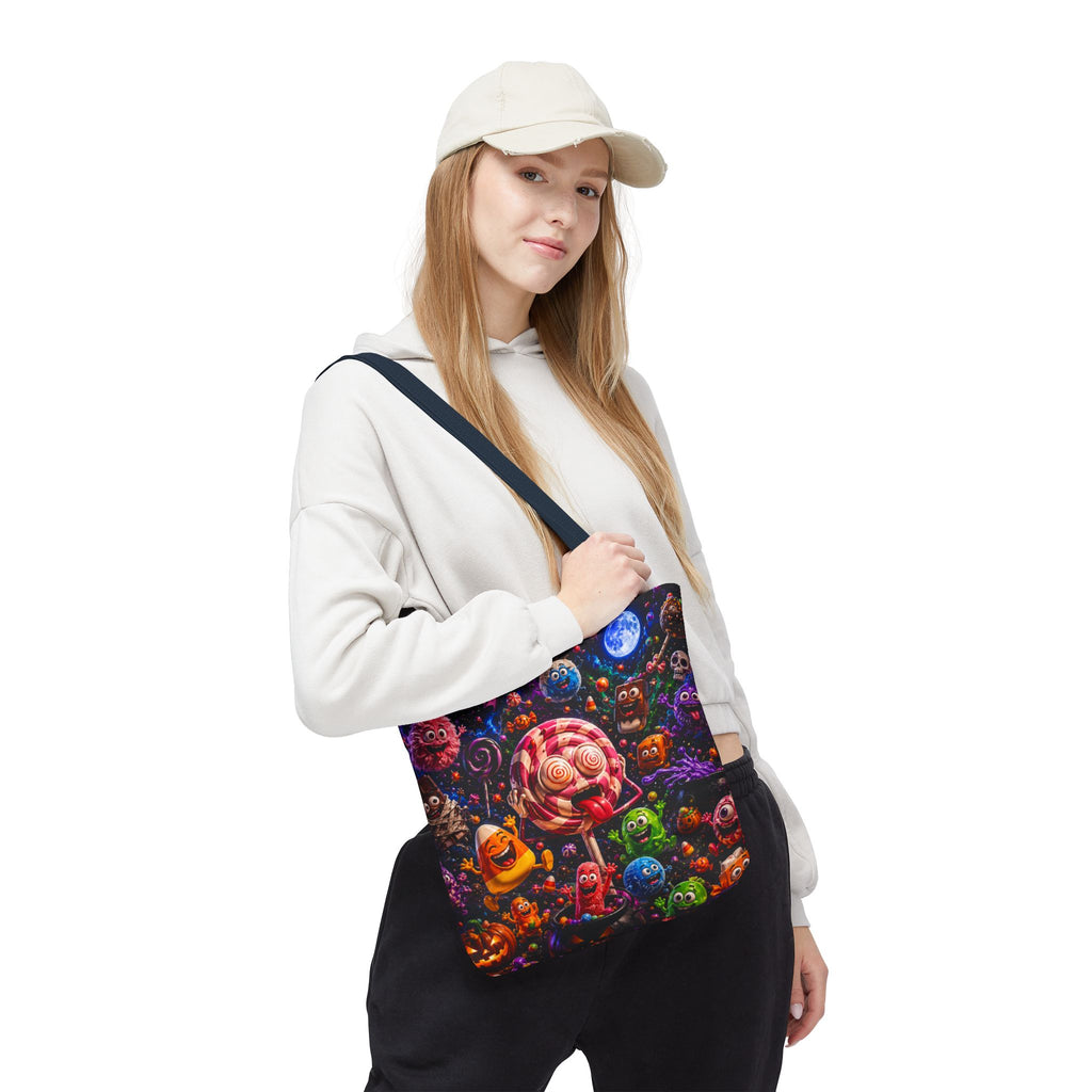 Crazy Halloween Candy Monsters Tote Bag — Colorful 3D Lolipop & Treats Design