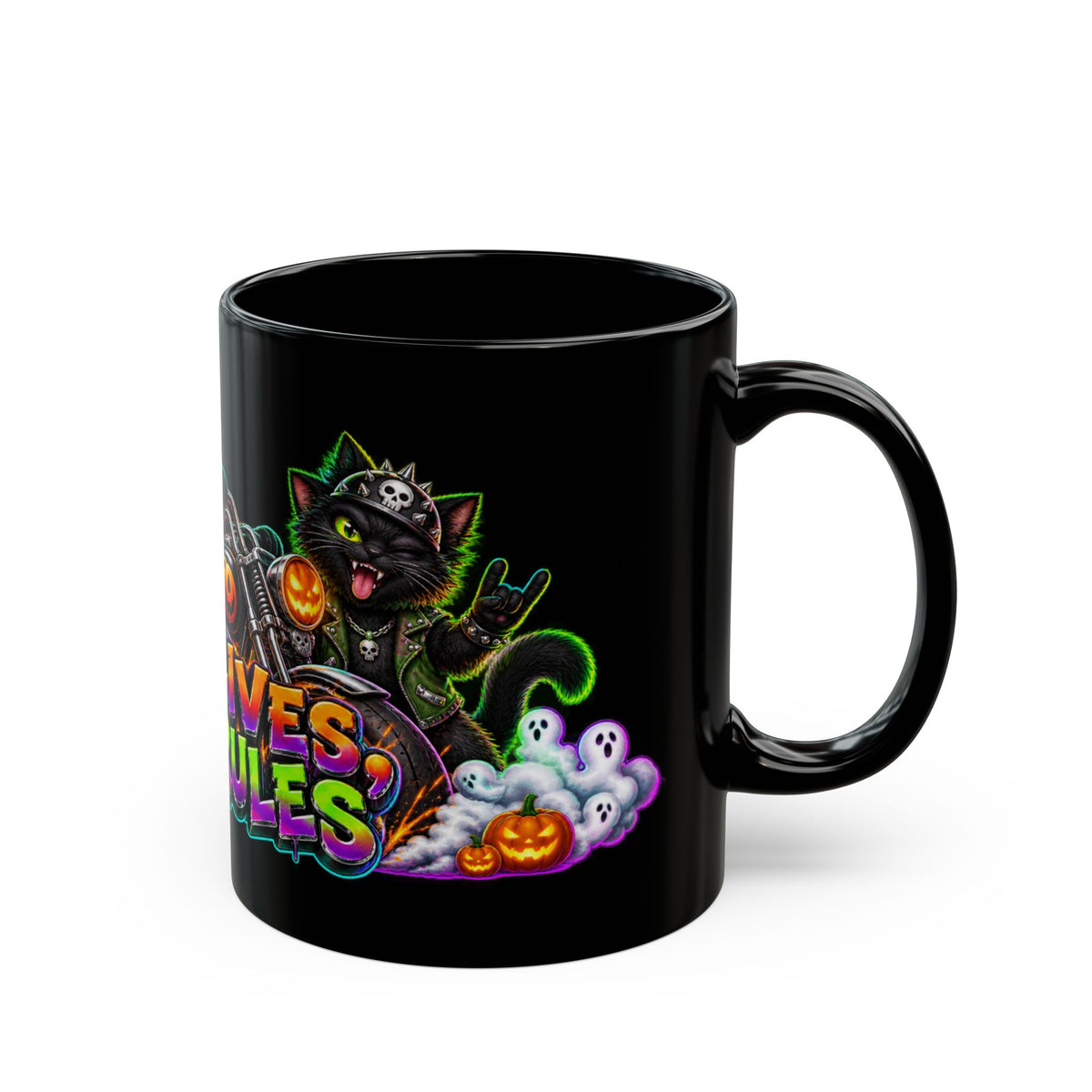 Nine Lives Zero Rules Biker Cats Halloween Black Mug