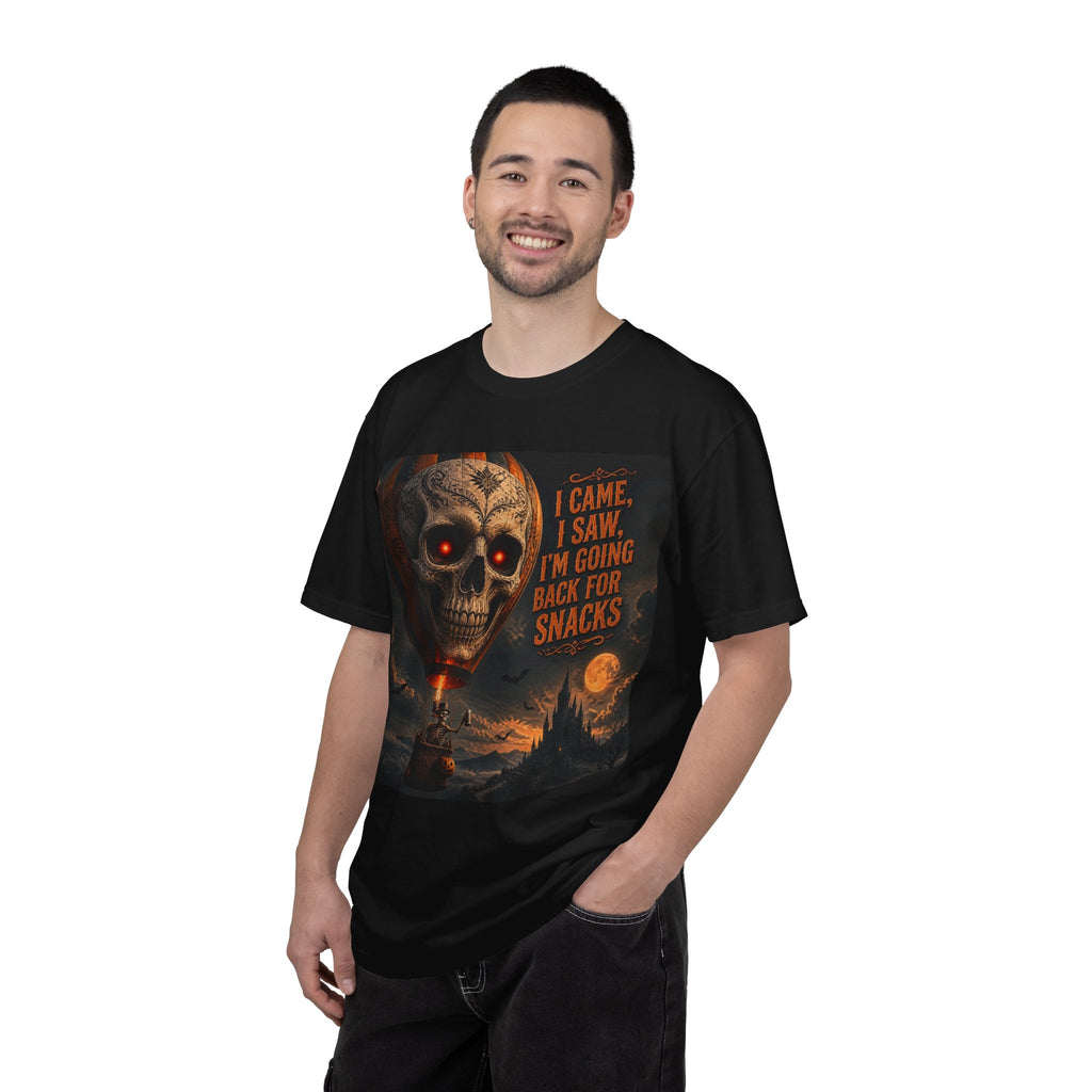 Halloween Skull T-Shirt — “I Came, I Saw, I’m Going Back for Snacks” Graphic Tee