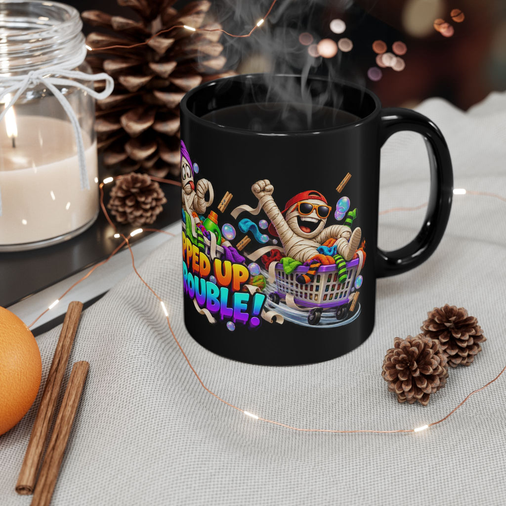 Wrapped Up in Trouble Mummy Halloween Black Mug