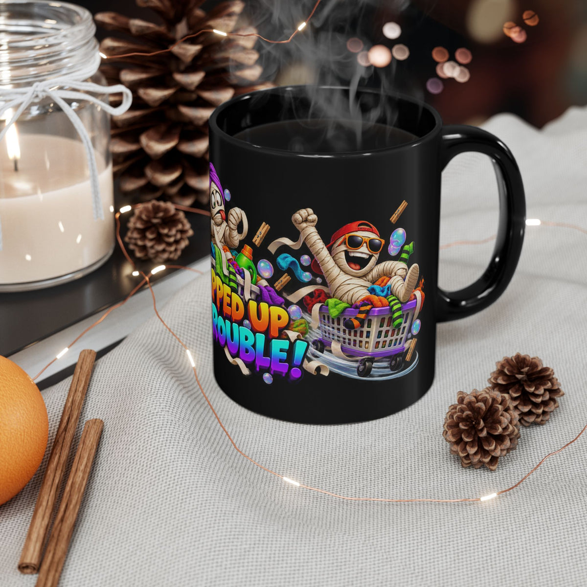 Wrapped Up in Trouble Mummy Halloween Black Mug