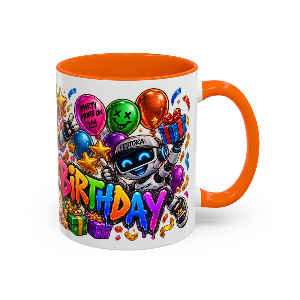 Birthday Robot Coffee Mug — Colorful Happy Birthday Accent Mug (11oz)