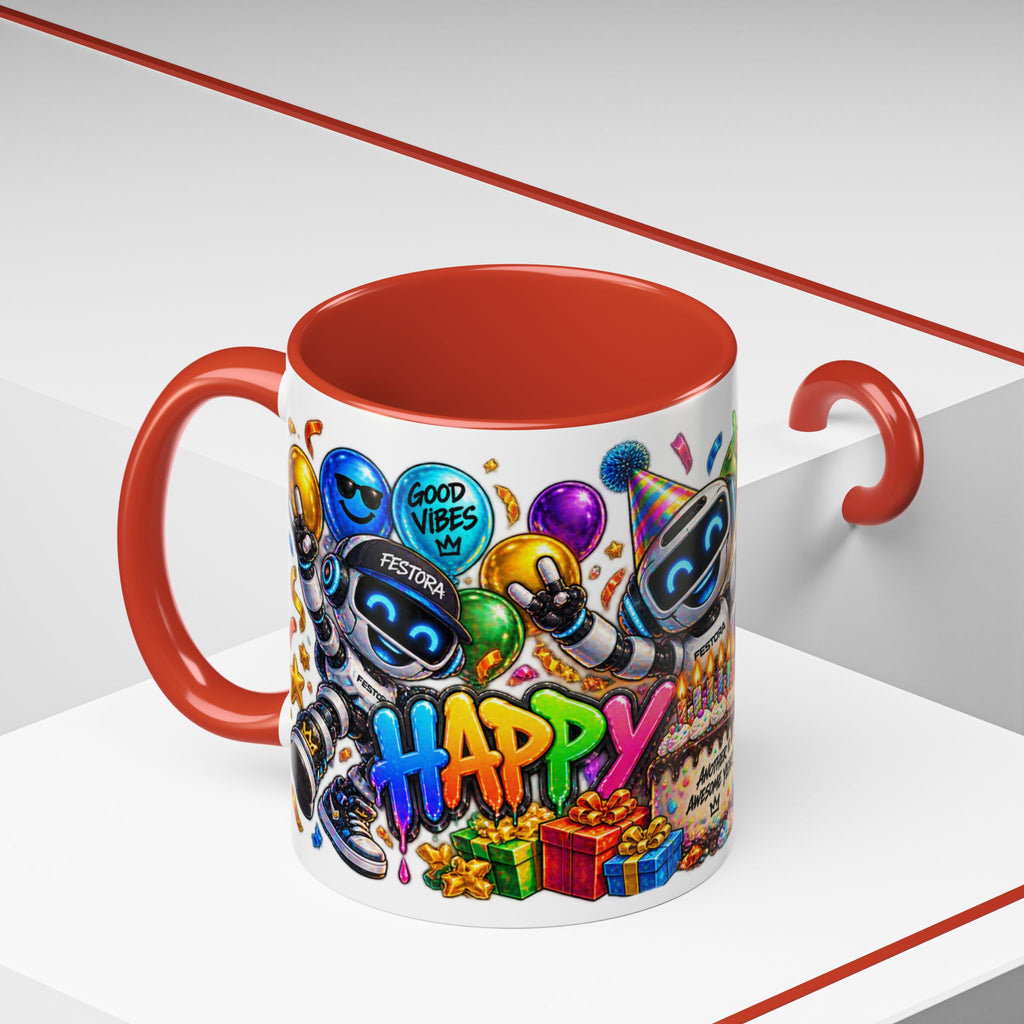 Birthday Robot Coffee Mug — Colorful Happy Birthday Accent Mug (11oz)