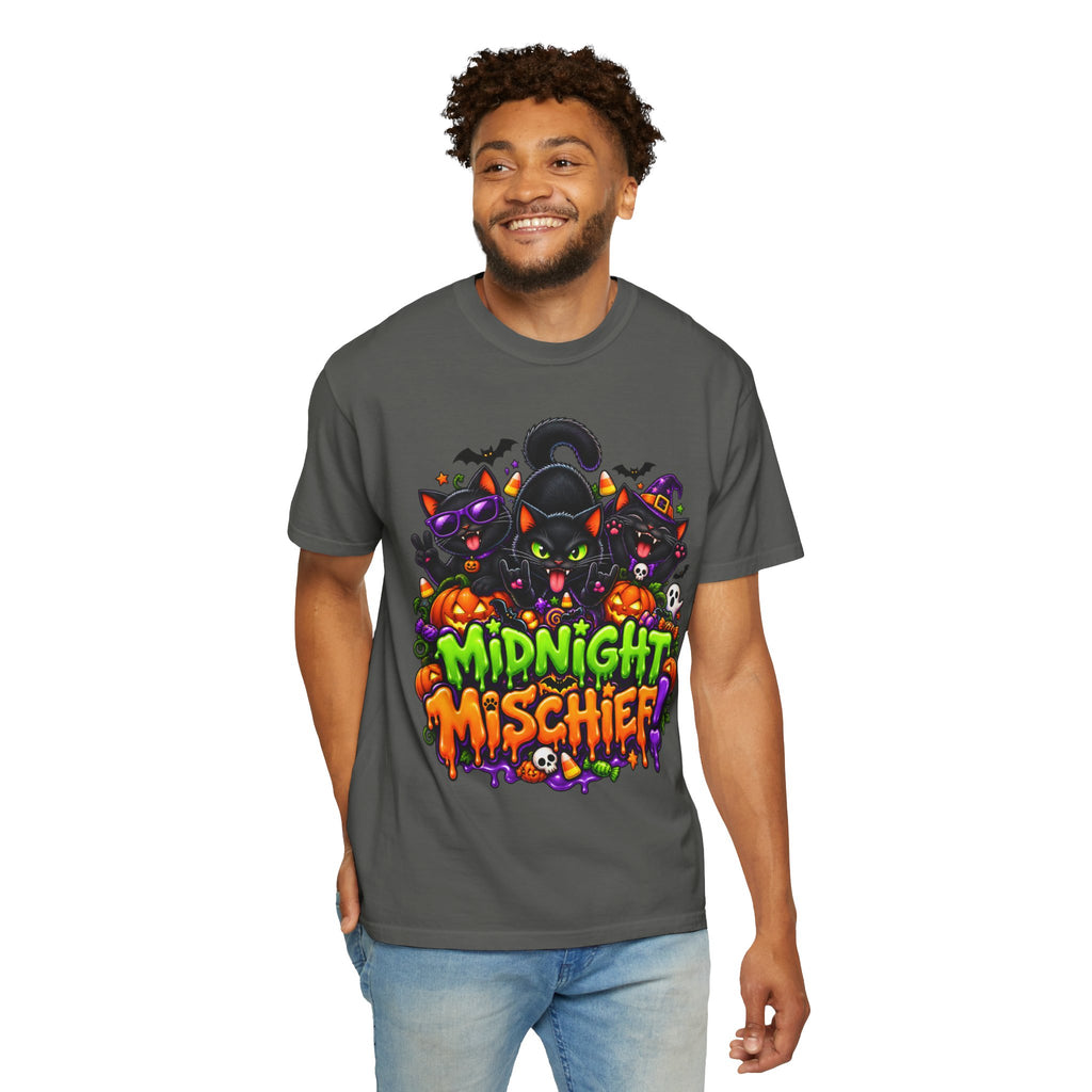 Midnight Mischief Halloween T-Shirt – Funny Black Cat Graphic Tee
