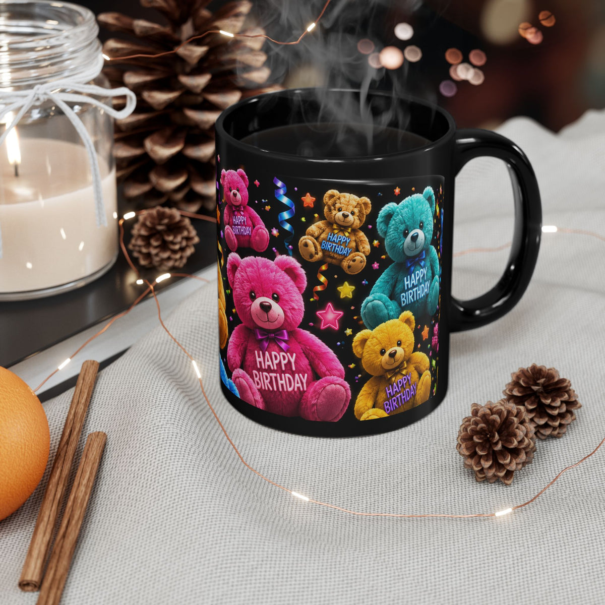 Happy Birthday Teddy Bear Mug — Colorful Black Birthday Coffee Cup (11oz/15oz)