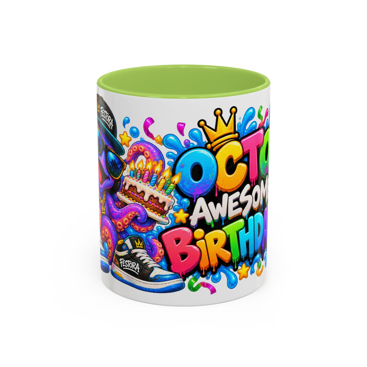 OCTO AWESOME BIRTHDAY! White Ceramic Mug – Funny Octopus Birthday Coffee Cup – Colorful Party Gift – Original FestoraShop Design