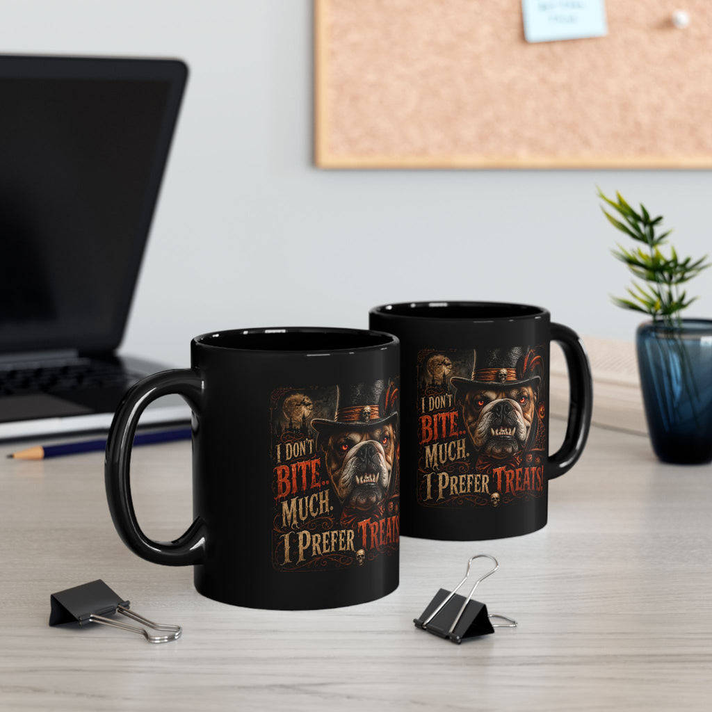 Halloween Bulldog Mug — “I Don’t Bite Much, I Prefer Treats!” Black Coffee Cup (11oz/15oz)
