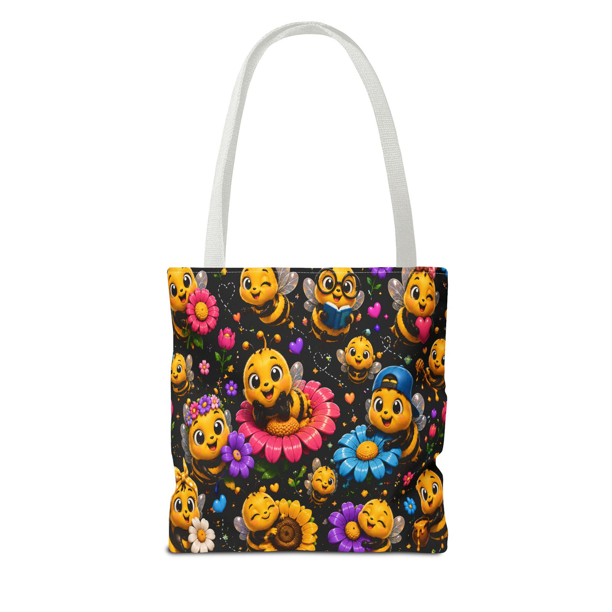 Cute Bee Pattern Tote Bag — Colorful Floral Cartoon Bees All-Over Print