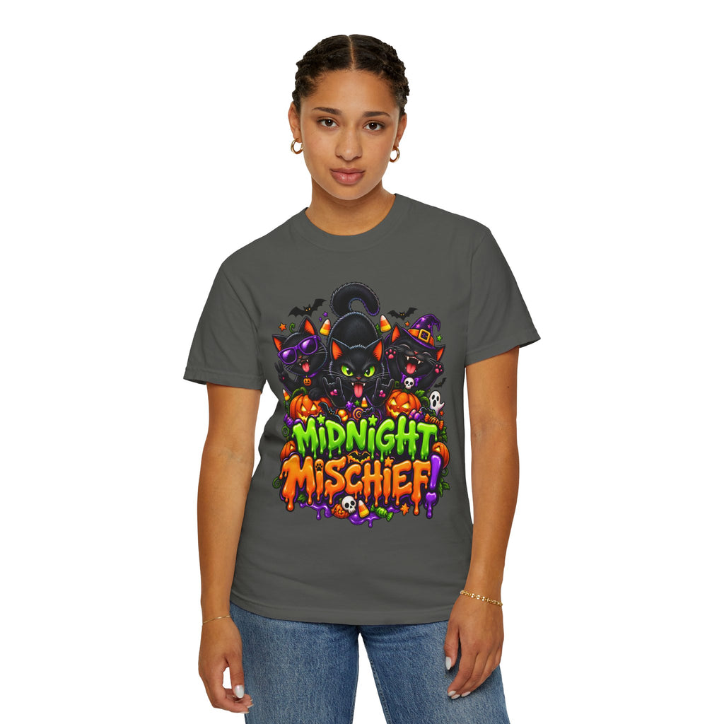 Midnight Mischief Halloween T-Shirt – Funny Black Cat Graphic Tee