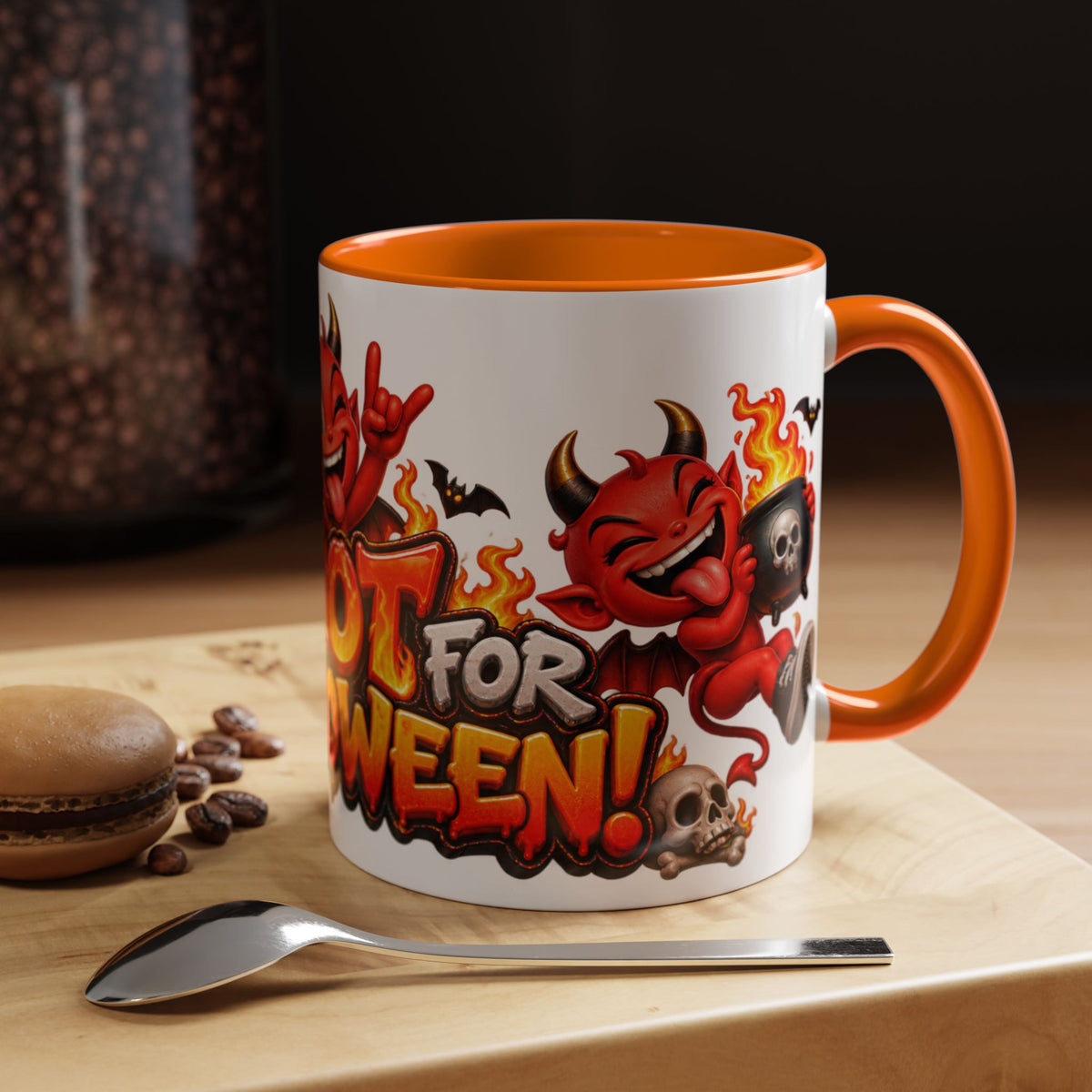Too Hot for Halloween White Mug – Funny Devils, Flames & Spooky Design