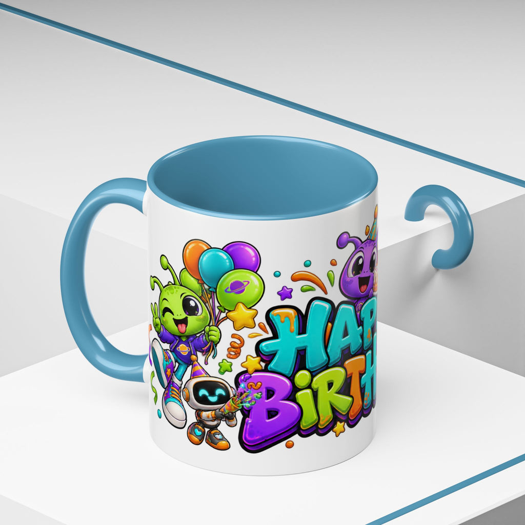 Happy Birthday Alien Mug – Colorful Space Party Cup with Cute Aliens & Robots