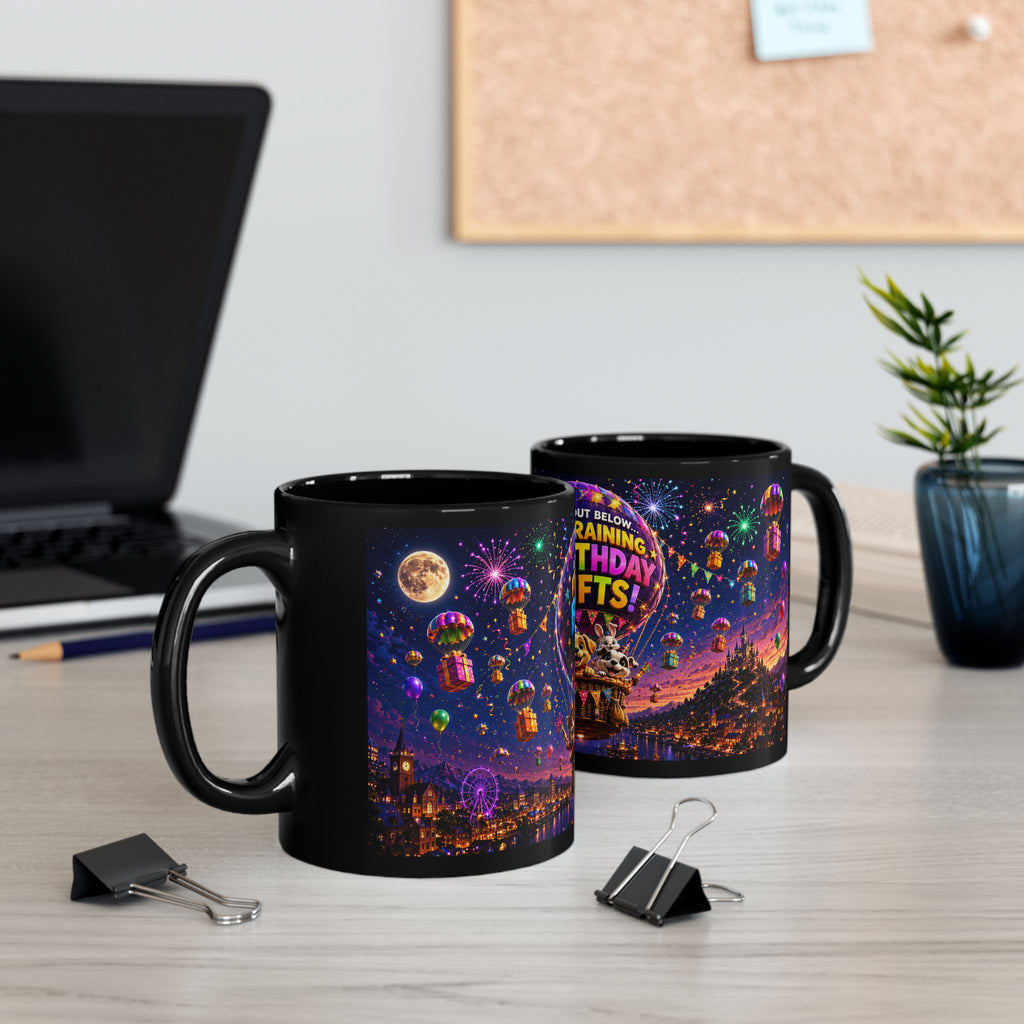 Birthday Gifts Hot Air Balloon Black Mug – "It's Raining Birthday Gifts" (11oz)