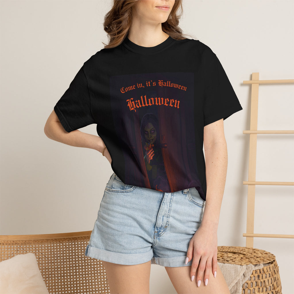 Halloween 'Come In, It’s Halloween' T-Shirt — Spooky Pumpkin & Ghostly Door Graphic