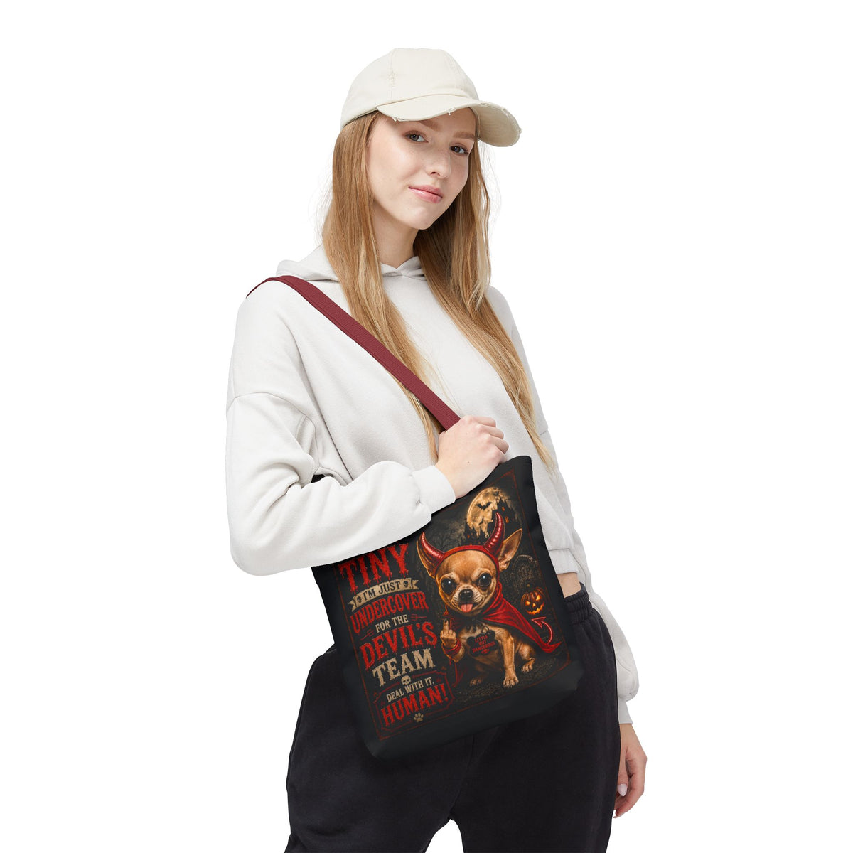 Devil Costume Chihuahua Tote Bag — "I'm Not Tiny, I'm Just Undercover for the Devil's Team" Halloween Tote