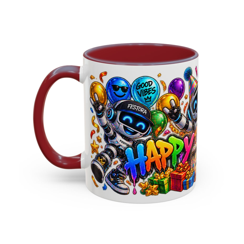 Birthday Robot Coffee Mug — Colorful Happy Birthday Accent Mug (11oz)