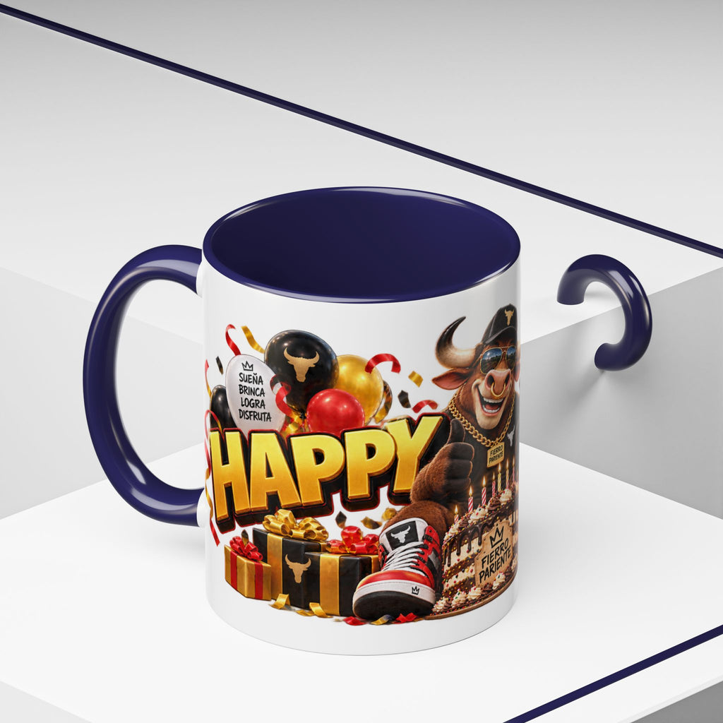 Happy Birthday Bull Mug – Colorful 3D Birthday Gift – White Coffee Mug