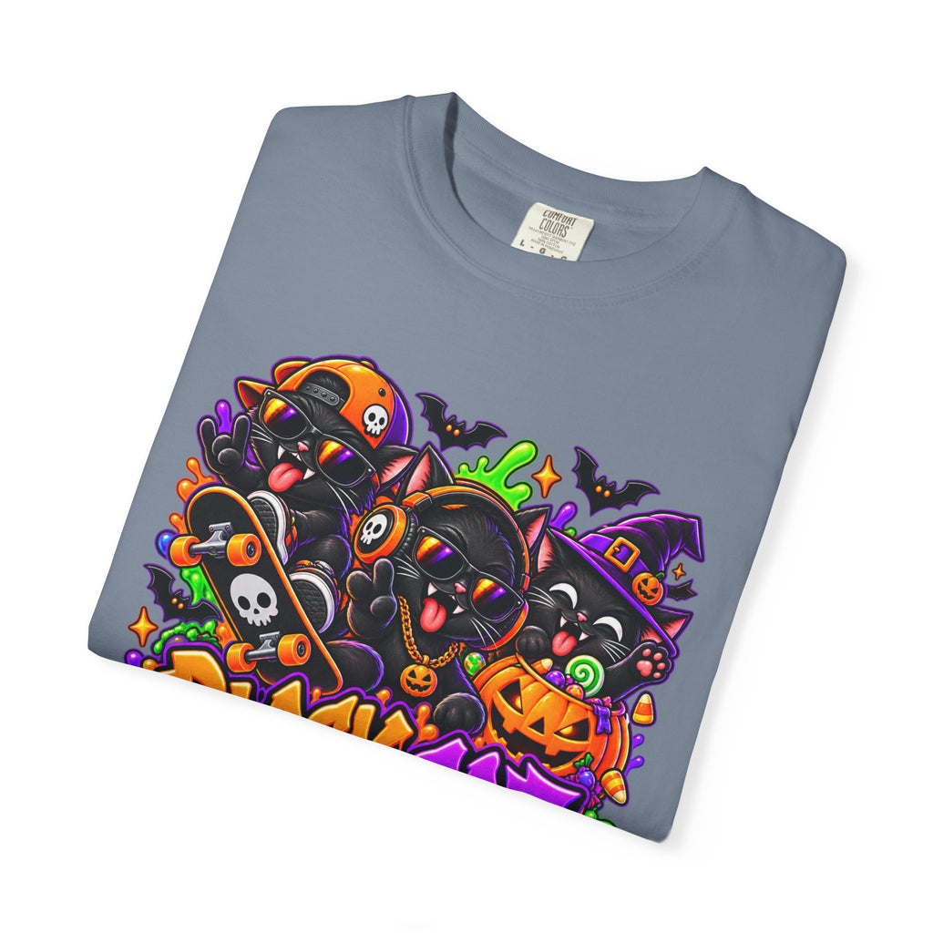 Neon Black Cat Halloween Chaos T-Shirt | Cute Spooky Cat Graphic Tee