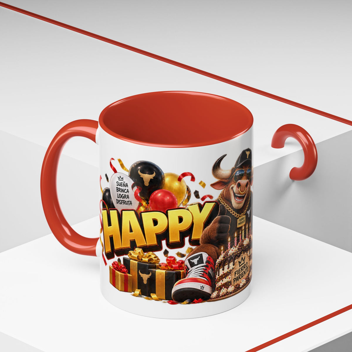 Happy Birthday Bull Mug – Colorful 3D Birthday Gift – White Coffee Mug