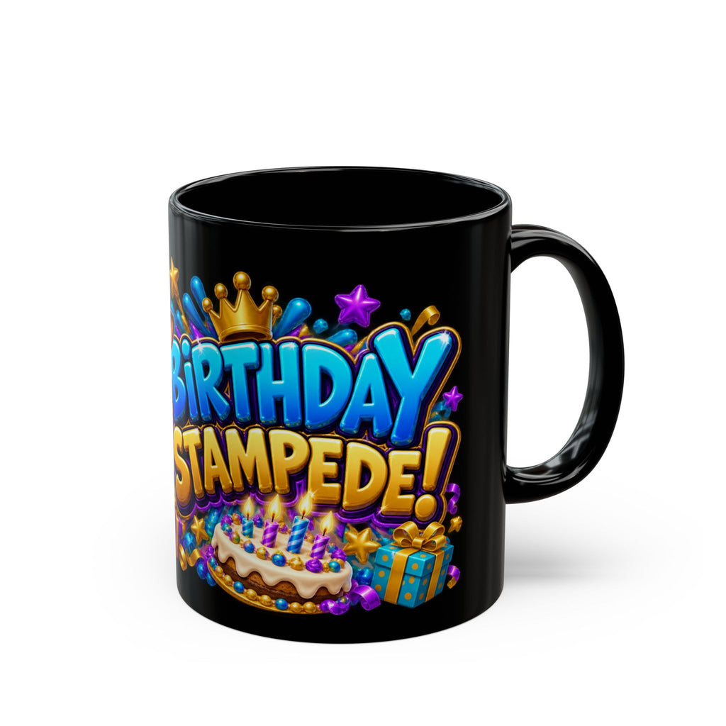 Birthday Stampede Black Mug – Funny Buffalo Birthday Cup, Colorful Party Gift