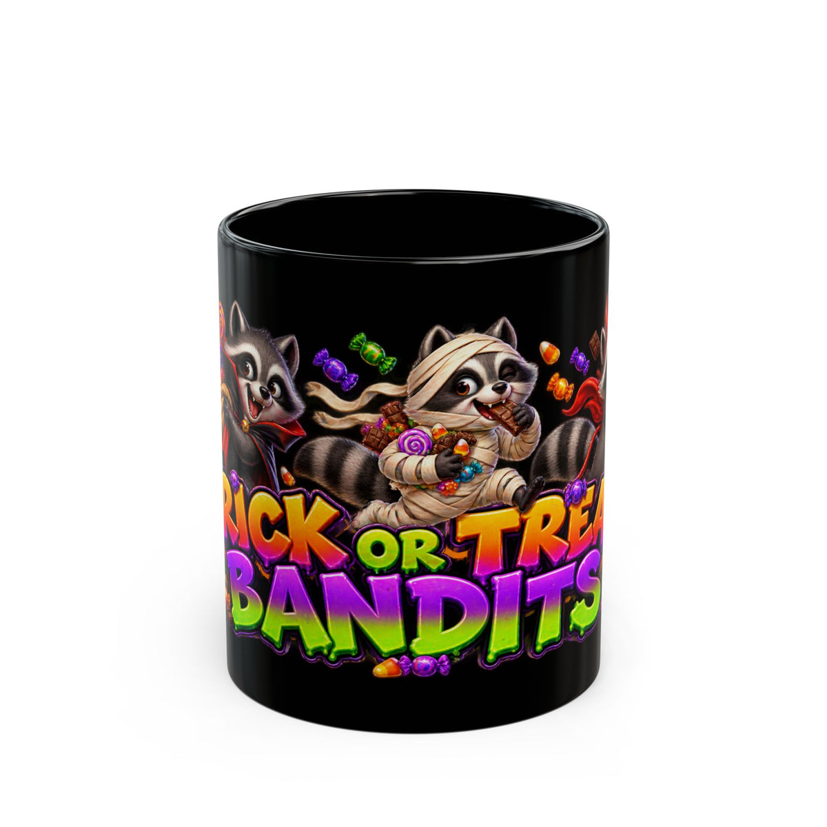 Trick or Treat Bandits Raccoons Halloween Black Mug