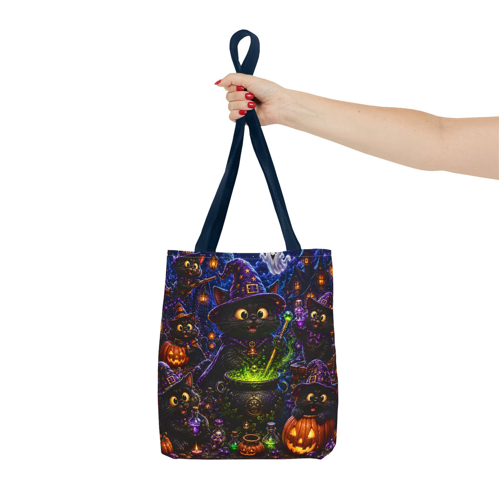 Halloween Black Cat Witches Tote Bag — Cute 3D Cats, Cauldron & Pumpkins Design