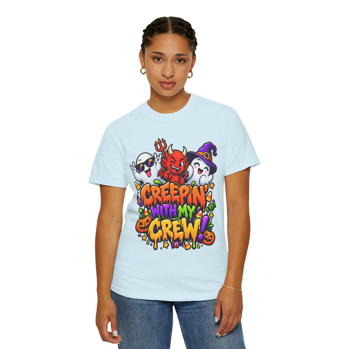 Creepin’ With My Crew Halloween T-Shirt – Colorful Funny Ghost & Devil Graphic Tee
