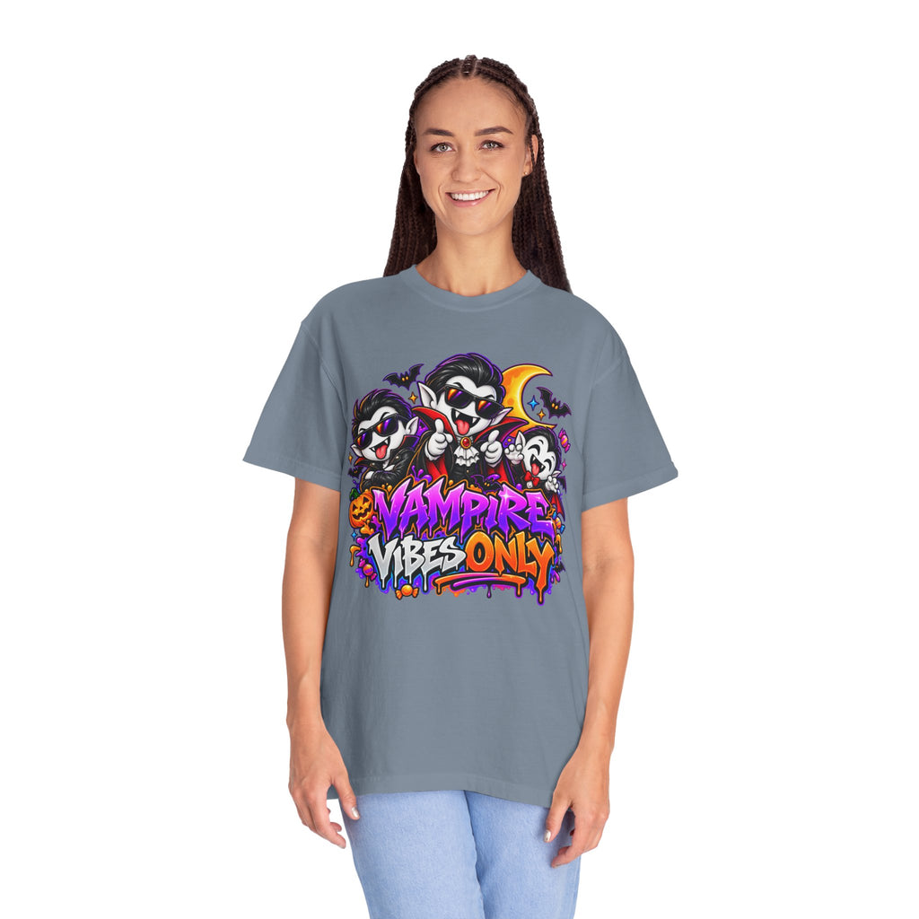 Neon Vampire Vibes Halloween Unisex Garment-Dyed T-Shirt Featuring a Cool Festora Vampire Crew