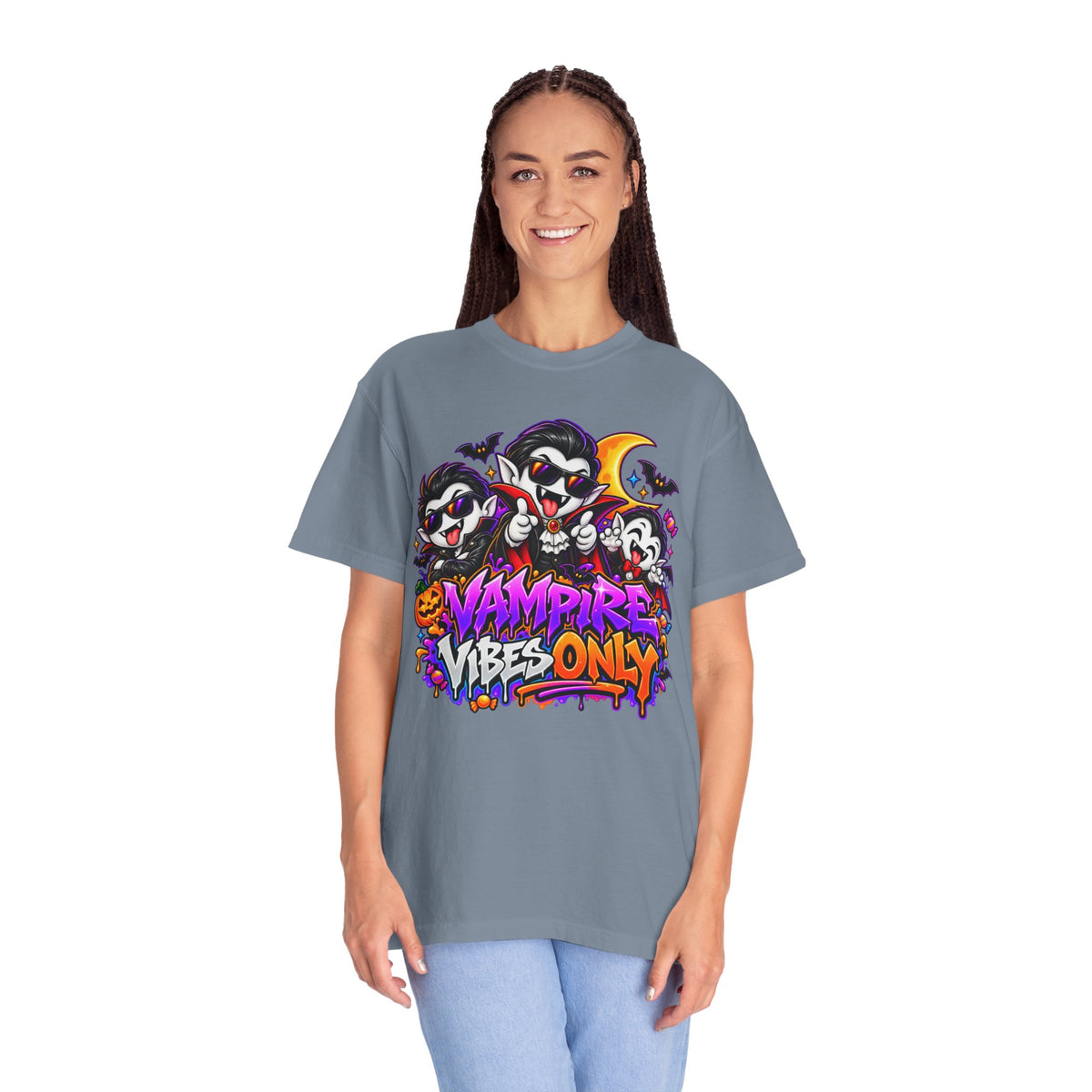 Neon Vampire Vibes Halloween Unisex Garment-Dyed T-Shirt Featuring a Cool Festora Vampire Crew
